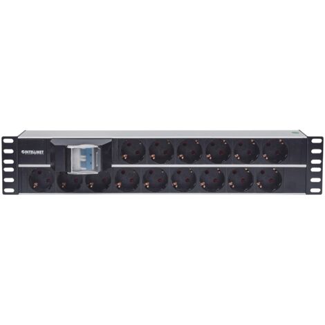 Supporto Rack 2U in Alluminio Nero, Commutabile, con 15 Prese CA, Tipo F, per Soluzioni di Rete Intellinet 714051
