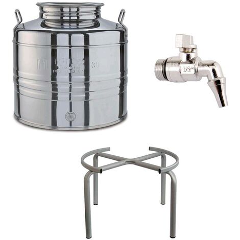 Contenitore Bidone Fusto In Acciaio Inox per Olio 50 Litri con Rubinetto e Supporto Portafusto