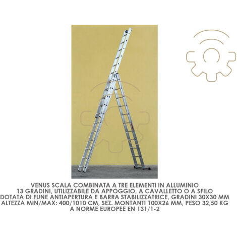 Scala in alluminio a tre tronchi - per uso professionale - Marchetti Azzurra - Misure: A313 - 13+13+13 gradini - min/max 390/865 cm - 31 Kg (1/2)