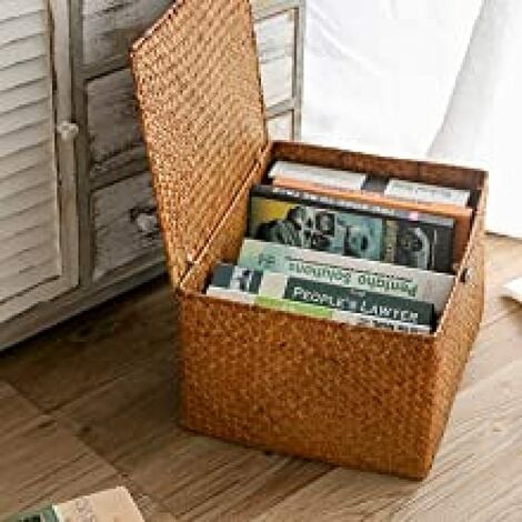Panier en rotin Panier de rangement en jonc de mer avec couvercle Matériau naturel (Petit 26 cm x 16 cm x 10 cm H)