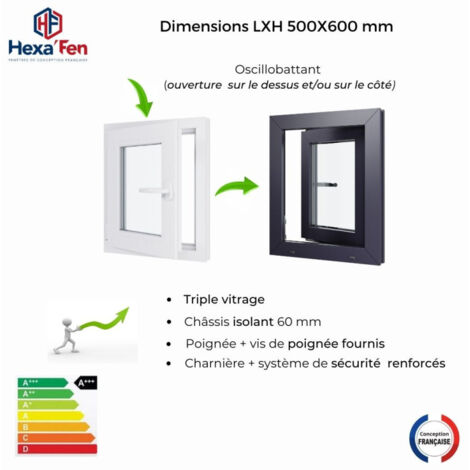 Fenêtre PVC bicolore - Triple vitrage - Tirant Gauche - Blanc et Anthracite - LxH : 500 mm x 600 mm (1/5)