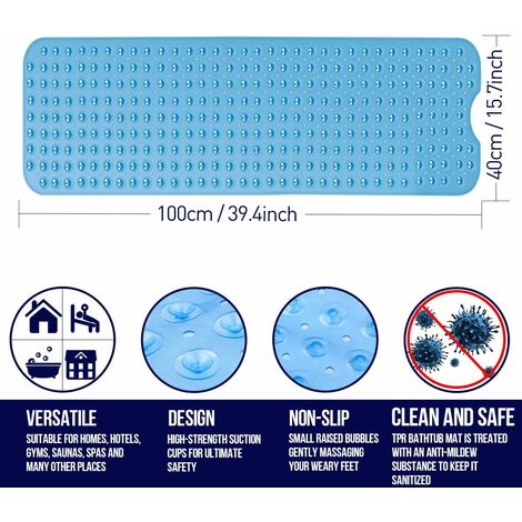 Shower Mat 100 x 40 cm, Non-Slip Bathtub with Suction Cup, No Chemical Smell and Safe PVC Bath Mat, Extra Long, Machine Washable (Blue) GROOFOO
