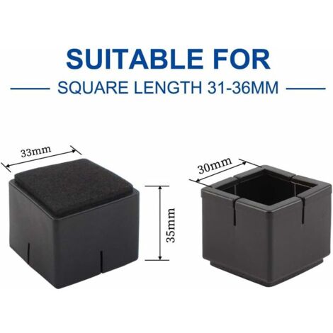 GROOFOO Embouts carrés antidérapants en caoutchouc pour pieds de chaise avec patins en feutre, pour pieds de meubles et de tables de 31 mm à 36 mm de diamètre, GROOFOO noir Lot de 16