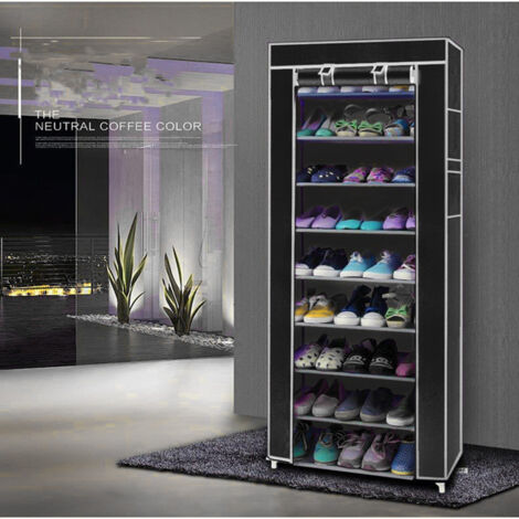 GROOFOO Room-saving 10-Layers 9 Lattices Non-woven Fabric Shoe Rack Black (1/5)