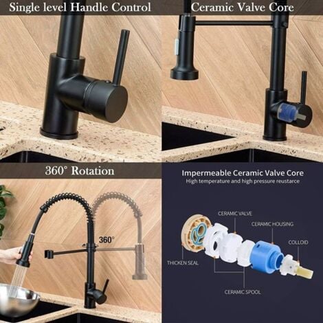 GROOFOO Matt Black Monobloc Kitchen Sink Mixer Tap with Pull Out Hose Spray Single Lever