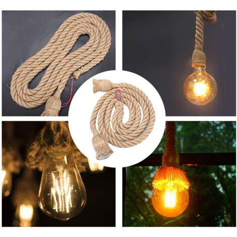 GROOFOO 2m E27 Vintage Hemp Rope Ceiling Light Base Pendant Lamp Bulb Holder (1holder)