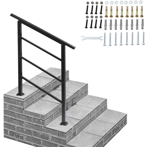 GROOFOO Handrails for Outdoor Steps, Wrought Iron Handrail Fits 1 or 3 Steps, Transitional Handrail with Installation Kit, Black