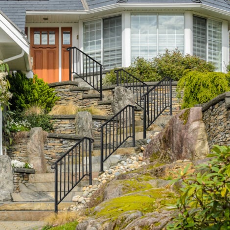GROOFOO Premium Matte Black 3-Tier Outdoor Iron Handrail – Rust-Resistant, Easy Install, Durable & Stylish for Modern Exteriors