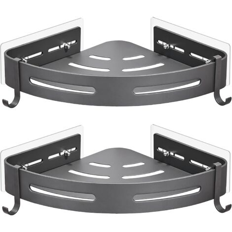 Etagère de Douche d'angle sans Perçage en Métal avec 2 Crochets pour Douche Support Antirouille Autocollant pour Articles de Salle de Bains 2 Pièces (Gris) (1/5)