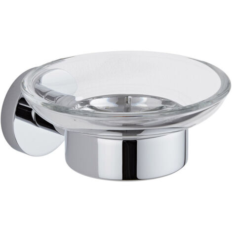 GROOFOO-Modern Round Wall Mounted Bathroom Glass Soap Dish with Chrome Holder (1/5)