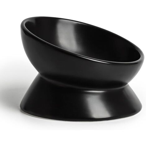 Ceramic Elevated Cat Bowls, 5oz Raised Cat Bowls for Indoor Cats, Tilted Food Bowl for Cats Whisker Friendly, Microwave & Dishwasher Safe (Black)