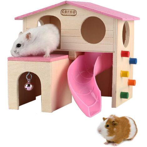 Pet Small Animal Hideout Hamster House with Funny Climbing Ladder Slide Wooden Hut Play Toys Chews for Small Animals Like Dwarf Hamster and Mouse(Pink)