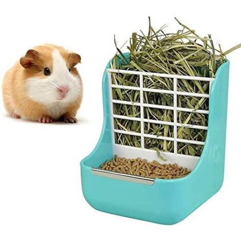 Rabbit Supplies with Bowl & Hay Feeder - Accessories for Bunnies & Guinea Pigs, 6x6x7 Inches (Blue)