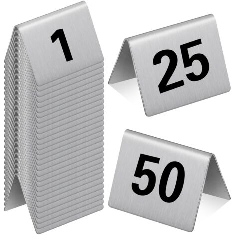 50 Pcs Stainless Steel Table Numbers Tent Style Restaurants Table Number Card Tent Cards for Cafes Bars Party Banquets Food Service Wedding Evidence Markers Supplies, 2 x 1.6 Inches (1/5)