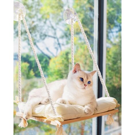 Cat Window Perch - Hammock Bed for Cats Inside - Solid Wood Seat, 4 Strong Suction Cups, Soft Cushion - Rustic Indoor Pet Shelf