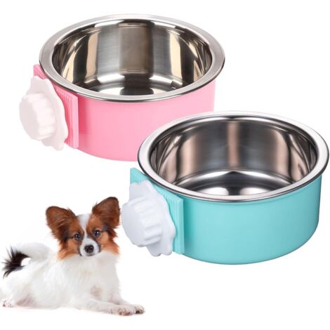 Crate Dog Bowl, Removable Stainless Steel Hanging Pet Cage Bowl Food & Water Feeder Coop Cup for Cat, Puppy, Birds, Rats, Guinea Pigs 2pcs(Blue,Pink) (1/5)