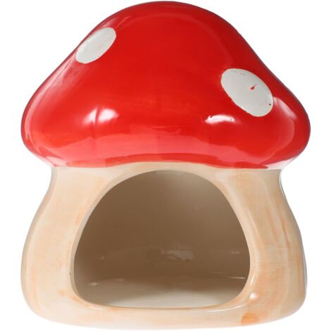 Ceramic Hamster Habitat Hideout - Red Mushroom Hamster House, Small Animals Cool Habitats Bed for Dwarf Hamster Mice Gerbils Lemmings