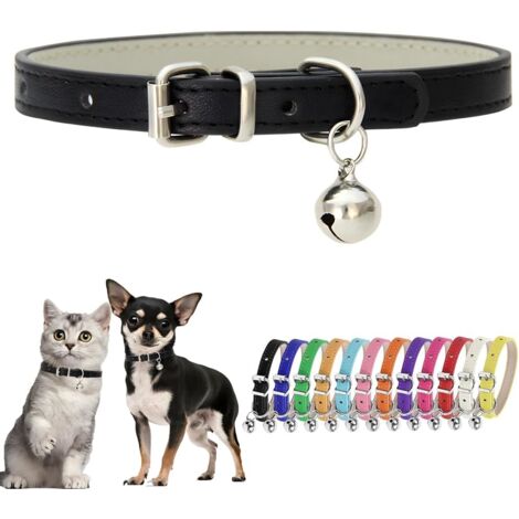 Black Puppy Collar with Bell Faux Leather Small Dog Collar with Bells Adjustable Buckle Kitten Cat Collars for XXS XS Tiny Little Extra Small Breed Boys Girls Pets Like Chihuahua, S