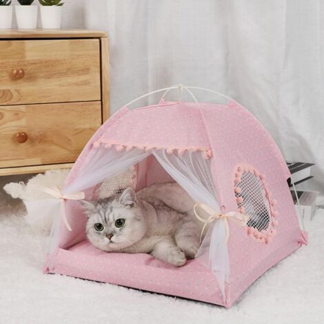 Cat Bed Tents Dog House Indoor Outdoor Lace Mesh Breathable Windows Door Curtains Removable Portable Nest Teepe House (Large,Pink(Flower)) (1/5)