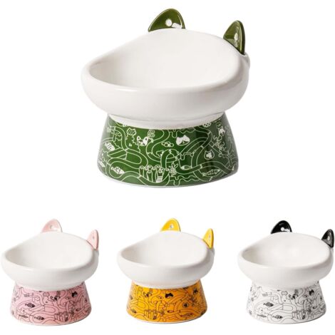 Raised Ceramic Cat Bowl, Elevated Kitten Food Bowl for Indoor Cats, Raised Cats Dish, Wide Deep Cat Dish with Two Ear Mixing Spoons, Whisker Fatigue, Easy to Clean (Green) (1/5)