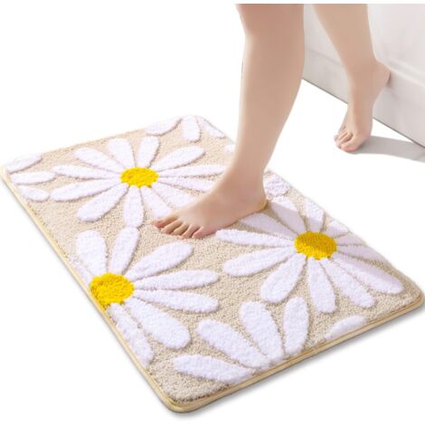 Beige Bathroom Rugs Cute Daisy Bath Mat White and Yellow Flower Decor Rug Non Slip Floor Carpet Microfiber Bathmat Super Absorbent Machine Washable Bathtub Mats for Shower (16x24 inch) (1/5)