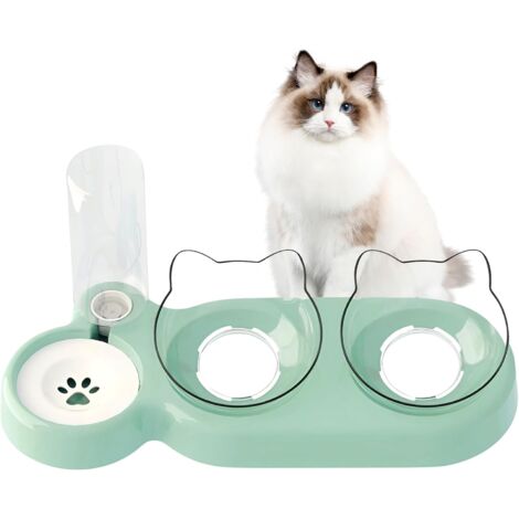 Gamelle Chat Surélevée 3 Bols, Inclinable à 15° Double Gamelle, Distributeur Eau Disponible pour Chats et Chiots (Vert) (1/5)