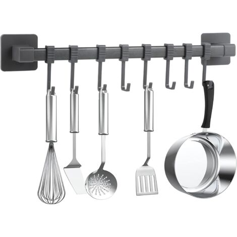 Patère de cuisine sans perçage, autocollante, noire, crochet mural mobile pour ustensiles de cuisine, ustensiles de cuisine, porte-couteaux, 8 crochets