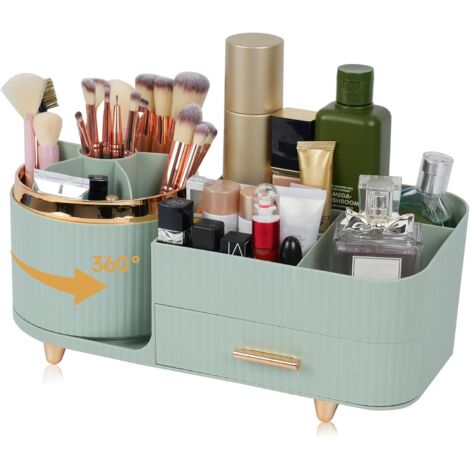 Makeup Organizer Countertop with Drawer 360 Rotating Brush Holder Storage Large Capacity Skincare Cosmetic Display Cases for Vanity Bathroom Desktop, Green (1/5)