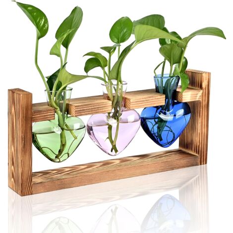 Plant Terrarium Propagation Stations Hydroponics Home Garden Decoration Gift for Women with Wooden Stand Heart Shaped Colored Glass Vase (1/5)