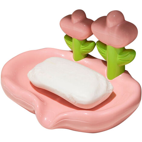 Flower Soap Holder Plastic Easy Clean Decorative Drainage Soap Dish for Shower Bathroom Pink (1/5)
