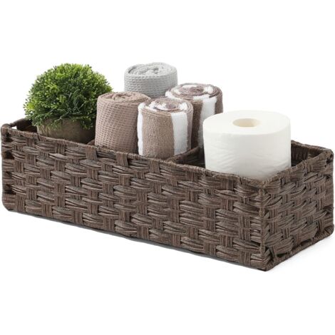 Toilet Tank Topper Paper Basket - Multiuse Hand Woven Plastic Wicker Basket with Divider for Organizing, Rustic Farmhouse Bathroom Decor, Countertop Organizer Storage, Brown (1/5)
