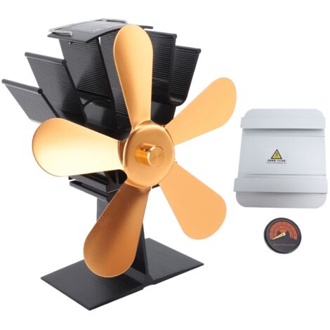 5 Blade Heat Powered Wood Stove Fan Silent Operation Fireplace Fan with Heat Insulation Board Thermometer Vertical I Style Gold (1/5)