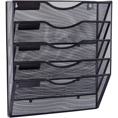 5 Pocket Mesh Hanging Wall File Organizer, Wall Mounted Mail Paper Document Folder Holder, Clipboard Storage Organization Magazine Rack with Nametag Label for Office Home School, Black (1/5)