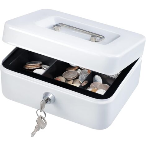 Medium Cash Box with Money Tray,Small Safe Lock Box with Key,Cash Drawer,7.87"x 6.30"x 3.54" White Medium (1/5)