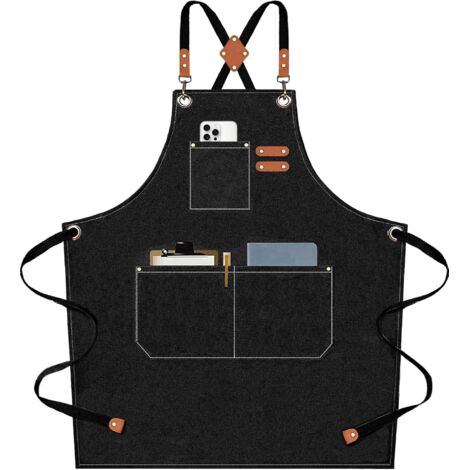 Chef Aprons for Men Women with Large Pockets, Cotton Canvas Cross Back Heavy Duty Adjustable Work Apron, Size M to XXL (Black) (1/5)