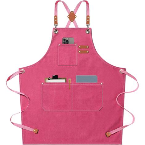 Chef Aprons for Men Women with Large Pockets, Cotton Canvas Cross Back Heavy Duty Adjustable Work Apron, Size M to XXL (Pink) (1/5)