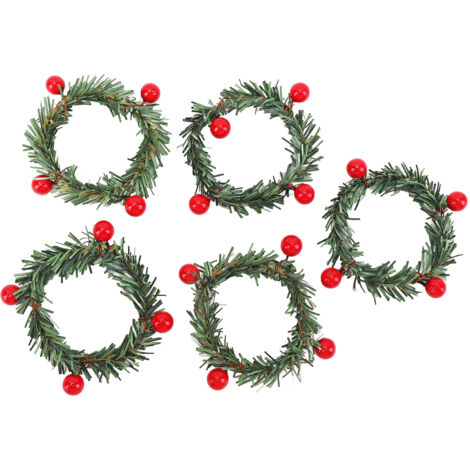 12Pcs Xmas Candle Rings Mini Wreaths Bulk for Pillars Tapers Artificial Berry with Grass Holiday Table Decorations (1/5)