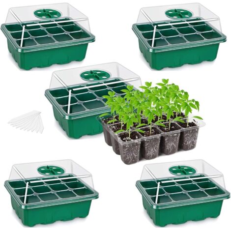 5-Pack Seed Starter Trays, Seed Starter Kit with Adjustable Humidity Dome and Base Indoor Greenhouse Mini Propagator for Seeds Growing Starting (12 Cells Per Tray, Green)