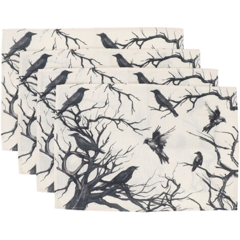 4pcs Crow Festival Linen Placemats Washable Scary Dining Table Place Mat Heat Resistant Crow Placemats for Party Kitchen Home Decoration (1/5)