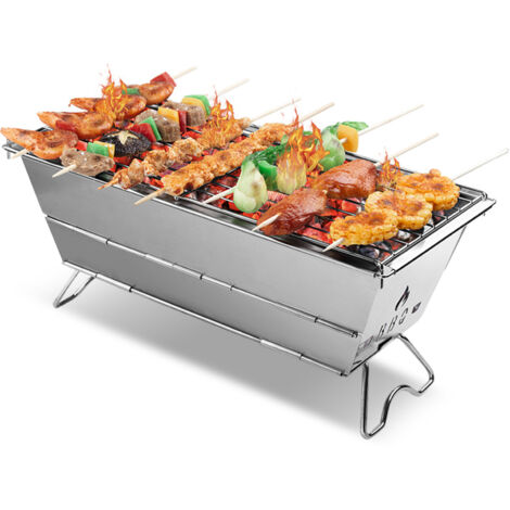 Portable Camping BBQ Grill Unfold and Use No Tools Needed Stainless Steel Folding Charcoal Backpacking Stove with storage Buckle Sunken Charcoal Trough