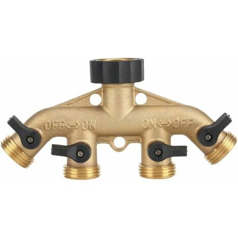 Connecteur de tuyau d'arrosage à 3/4 fils en laiton robuste à 4 voies Adaptateur séparateur col de cygne Connecteur de vanne d'arrêt de tuyau d'arrosage pour pelouse jardin (1/5)