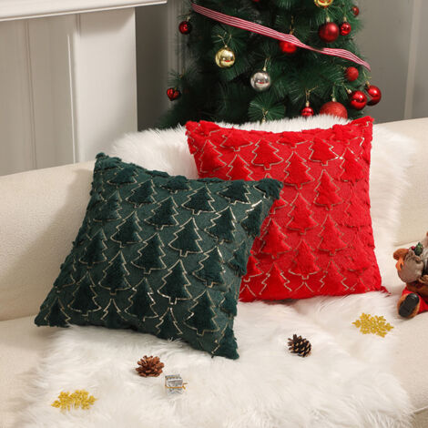 2pcs Throw Pillow Cover Xmas Decorative Plush Cushion Cover 40x40cm Bedside Throw Pillow Case,Christmas Green (1/5)