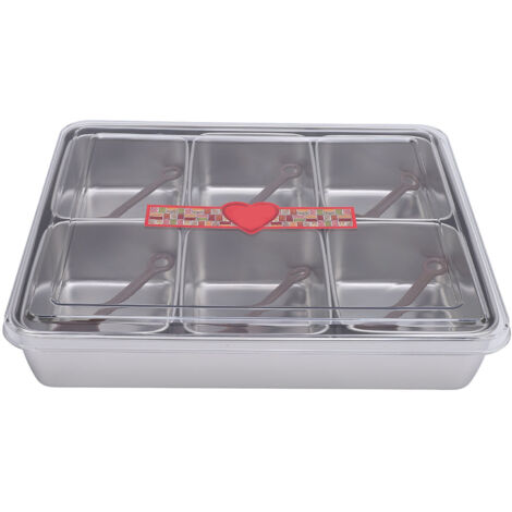 Divided Serving Tray with 6 Spoons 6 Compartments Large Capacity Divided Condiments Box for Fruit Stainless Steel (1/5)