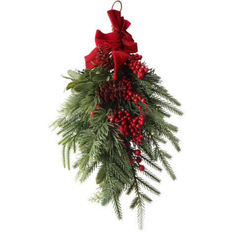 Upside Down Xmas Artificial Wreath Bow Knot Red Berries Hanging Xmas Teardrop Tree Decoration for Home Decor Festival Front Door (1/5)
