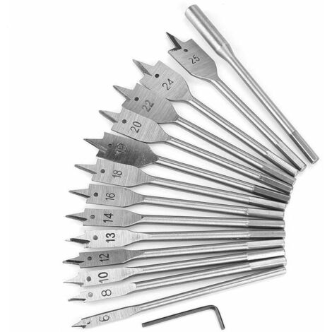 Carbon Steel Hexagonal Shaft Spade Flat Wood Drill Paddle Flat Bits Set 6-25 mm for Wood Drilling Power Tools Reusable Packaging Pack of 15 (1/5)