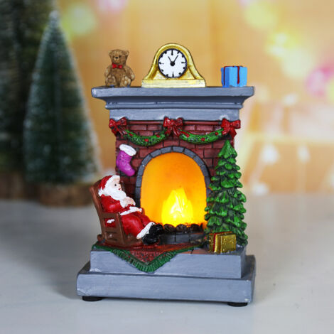 Christmas Dancing Scene with Santa Asleep by the Fireplace Decoration with Colourful Fibre Optic Lights, 15 cm - Multi-Colour