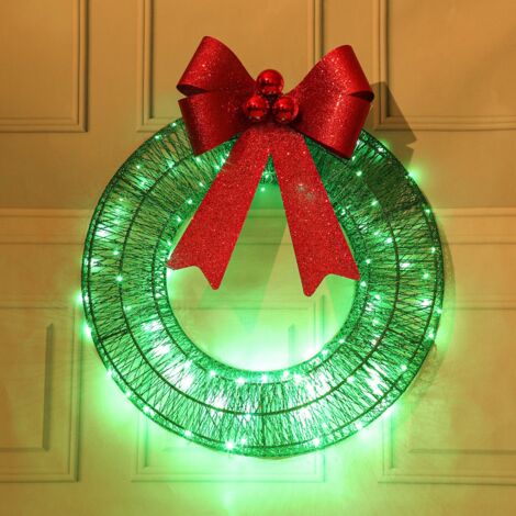 30cm Outdoor Christmas Wreath with LED Lights and Bow, Lighted Metal Christmas Wreath Decoration for Xmas Home Wall Front Door Window Garage (Green Red) (1/2)