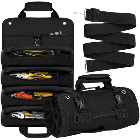 Tool Bag Roll Up, Heavy Duty Rolled Empty Tool Storage Organization, Portable Foldable Rollup Organizer with 2 Small Pouches, Rollable Carrying Toolbag, Dad Men Mechanic Birthday Gifts (Black) (1/5)