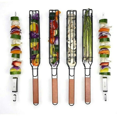 BBQ Grill Basket Set of 4 with Locking Rack Long Wooden Handle Non-Stick Stainless Steel Grill Basket for BBQ Fish Vegetables Sausages Onions GROOFOO