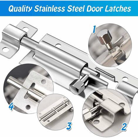 4 PCS Bolt,Targette Door, Non-Deformable Bolt Lock, Sliding Barrel Bolt, Stainless Steel With Professional Screws Comes with 24 screws for all types of internal doors (3 Inches) GROOFOO